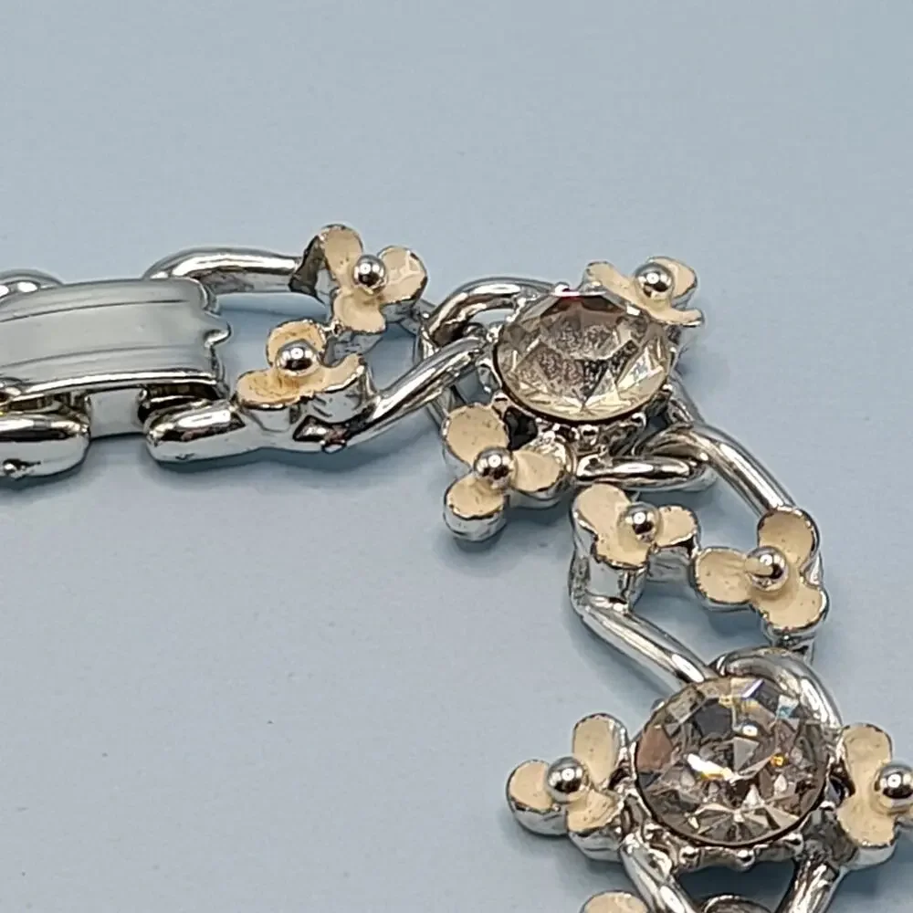 Vintage Creamy White Flower Bracelet, Clear Rhinestones, Mid-Century